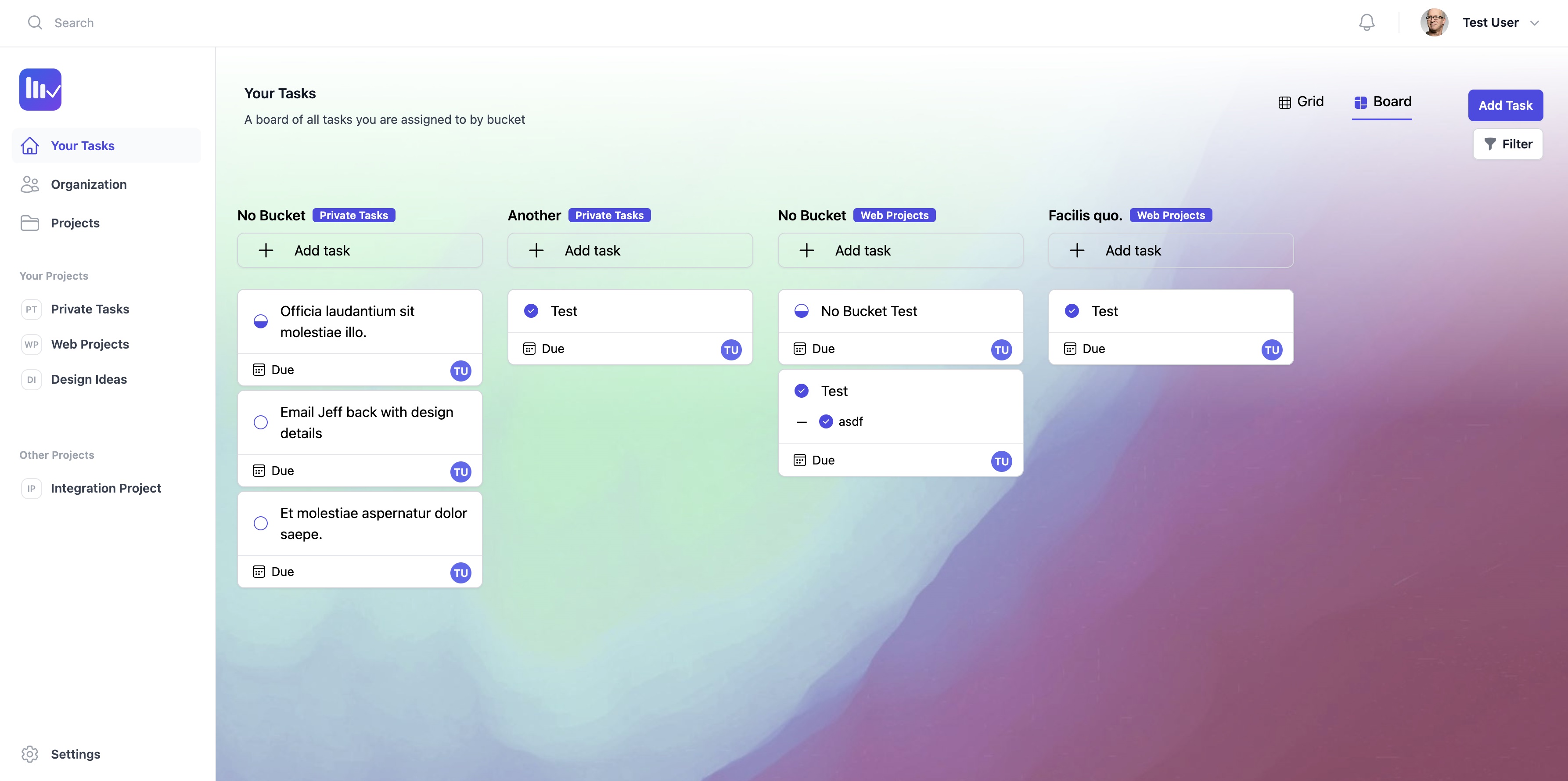 App Dashboard showing a kanban board with a fluid gradient background